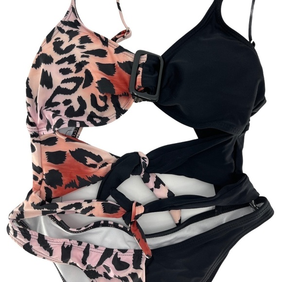 Cheetah Print Black Cut Out One Piece Swimsuit - Picture 2 of 6